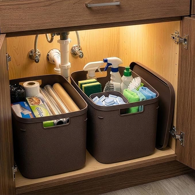 BINO | Plastic Storage Bins with Lids, 20 Liter - 3 Pack, Dark Brown | THE TWILL COLLECTION | Plastic Bins for Organization | Woven Storage Baskets for Organizing | Pantry Shelf Organizer Basket Bin