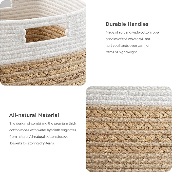 UBBCARE Set of 4 Storage Cubes 11 X 10.5 X 10.5 in, Water Hyacinth Storage Bins for Shelves, Toys, Book, Storage Baskets with Handles, Cotton Rope Woven Baskets for Organizing, Brown