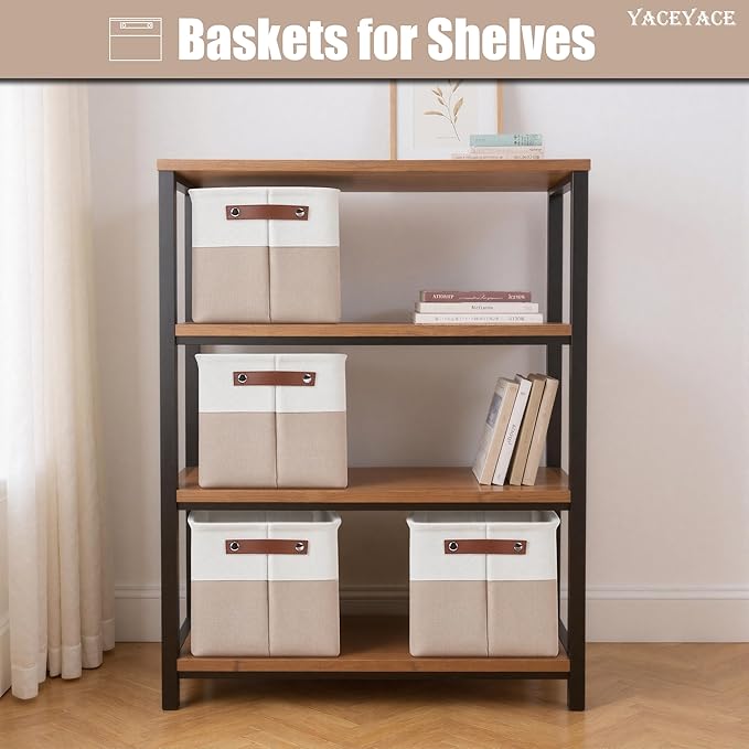 Storage Baskets with Handles, 4 Pack Foldable Storage Bins for Shelves, Linen Fabric Basket for Home Decorative,Organizing Cloth Toy Nursery
