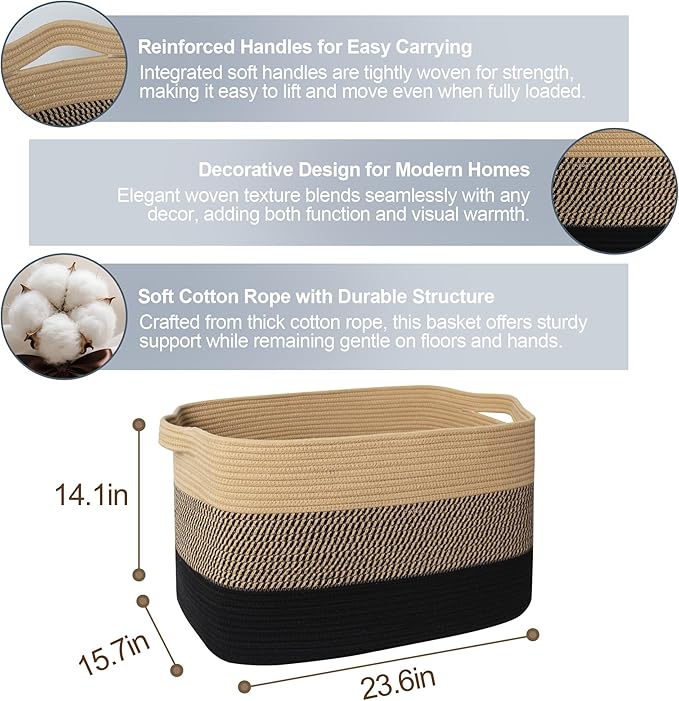 Extra Large Blanket Basket, 23.6"x15.7"x14.1" Woven Blanket Storage for Living Room, Oversized Wicker Floor Basket, Big Cotton Rope Kids Dog Toy Bin Box, Decorative Rectangle Pillow Holder