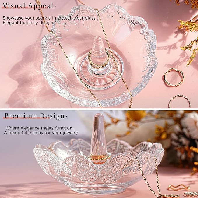 kanpura Crystal Glass Jewelry Tray with Butterfly Pattern Decorative Trinket Dish for Rings Earrings Necklaces Birthday Mother's Day Gift for Women, 4 ", Clear