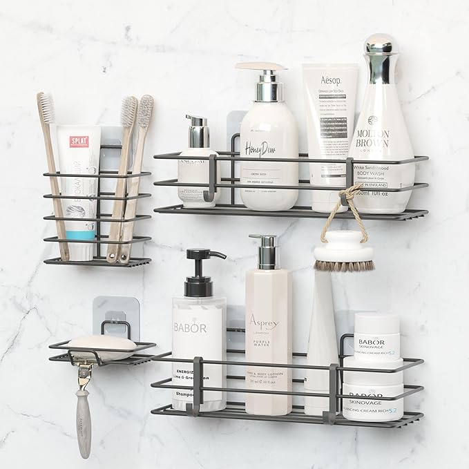 Dekula Adhesive Shower Caddy 4 Pack, Shower Shelves Organizer for Bathroom Storage, Rustproof Stainless Steel Bath Organizers, Kitchen, Adhesive or Screw, Soap Dish, Hooks, Wall Shelf
