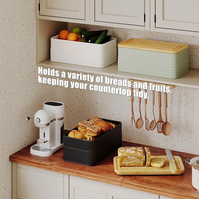 Bread Box for Kitchen Countertop,Metal Bread Storage Bin with Bamboo Cutting Board Lid, Includes Bread Knife, Fits Sourdough & Buns, Stylish Organize (Black)