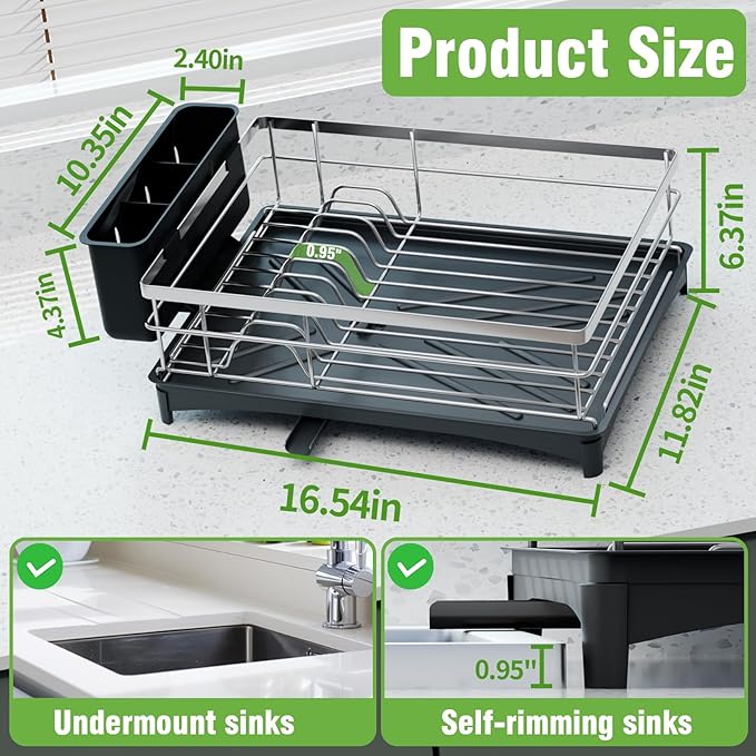 Dish Drying Rack - Space-Saving Dish Rack for Kitchen Counter with Removeable Cutlery Holder,Rustproof & Sturdy Auto-Drain Organizer for Plates,Cups,Knife,Silvery