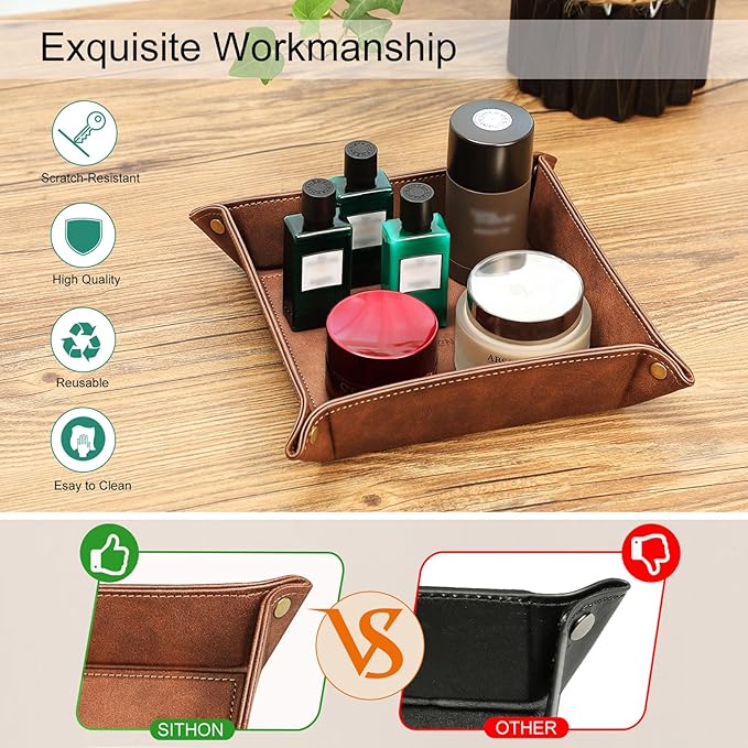 SITHON Valet Tray Desktop Storage Organizer â Premium PU Leather Catchall Bedside Vanity Tray Nightstand Caddy Holder for Keys, Phone, Wallet, Coin, Valentine's Day Gift, Brown