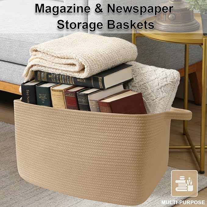 Magazine & Newspaper Baskets,65L Large Woven Rope Blanket Basket,21"x16"x12"Storage Bin with Handle,Toys Storage,Laundry Basket for Home Organization/Living Room/Nursery/Bedroom,Jute