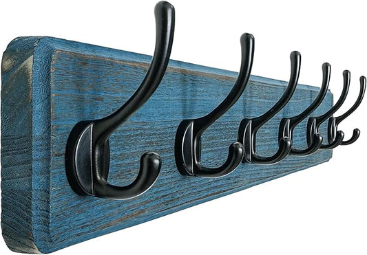 Dseap Coat Rack Wall: 24" Long, Patented, Heavy-Duty, 6-Double-Hooks Wooden Wall Mounted Coat Rack Coat Hanger Hook Rail for Winter Coats Hat Jacket Clothing, Weathered Blue