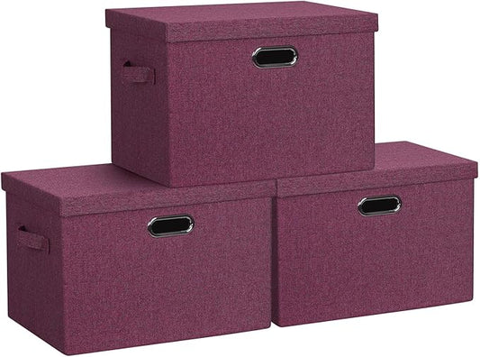 Large 17" 36 Quart Collapsible Stackable Storage Bins with Lids, 3 Packs Purple Linen Fabric Closet Boxes with Lids, Storage Cube Baskets Container Organizers for Bedroom Office (17x12x11)