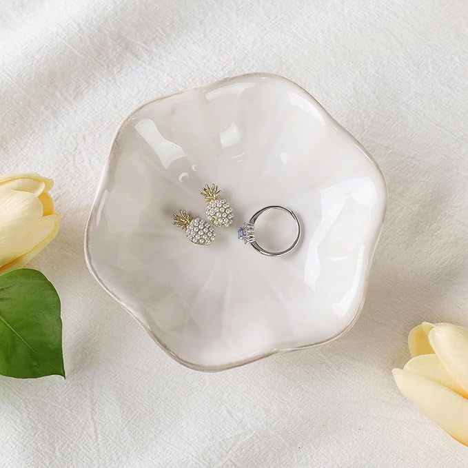 White Lotus Leaf Shape Ring Jewelry Dish Holder,Small Trinket Jewelry Tray,Decorative Jewelry Plate Bowl,Key Bowl,Birthday Engegament Gifts for Women Friends,Ceramic