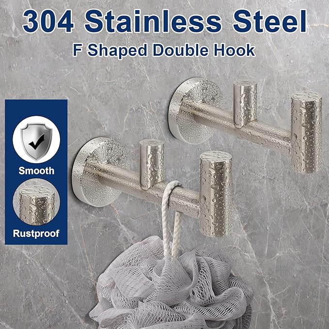 NearMoon Bathroom Double Towel Hook- SUS304 Stainless Steel Robe Towel Holder, Heavy Duty Double Coat Hook for Bathroom Livingroom Kitchen Wall Mounted (Brushed Nickel-F, 2 Pack)