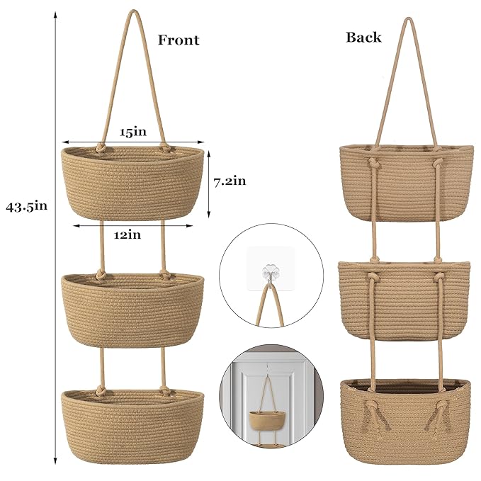 3 Tier Wall Mounted Woven Hanging Basket, Over the Door Hanging Basket with Hooks, Decorative Storage Hanging Closet Removable, Large Wall Basket for Living Room, Bedroom, Kitchen (White)