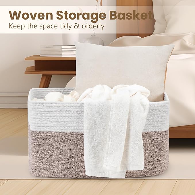 75L Large Blanket Basket, Woven Storage Baskets with Reinforced Handles, Rope Laundry Basket for Living Room, Bedroom, Nursery, Toys, Clothes,Pillows, 22â x 17â x 11.5â, White & Brown