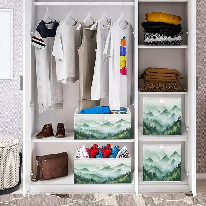 Blueangle Green Mountains Cube Storage Bin, 11 x 11 x 11 in, Large Collapsible Organizer Storage Basket for Home Décor