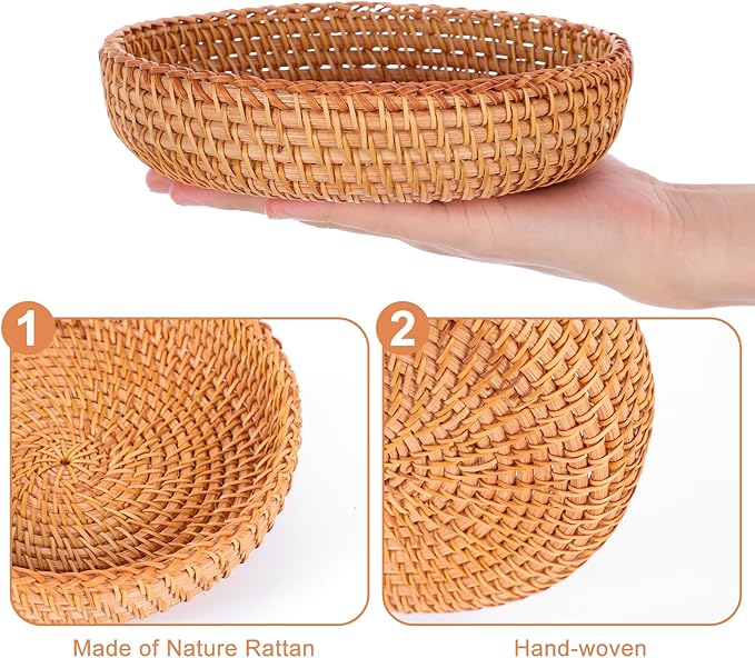 3Pcs Small Round Keys Basket Bowl for Entryway, 7â Woven Baskets Tabletop Wicker Catchall Rattan Round Tray Decorative Natural Basket Organizing Fruit Bread Basket for Keys Wallet Cell Phone