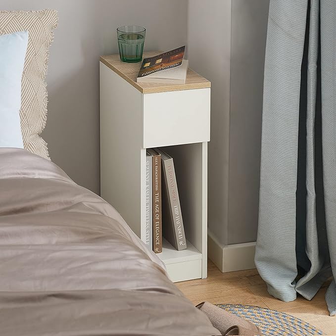 SoBuy Narrow Nightstand Set of 2, Narrow Bedside Table with Sliding Drawer and Open Compartment, Modern Slim End Table Storage Cabinet, White & Natural, FBT111-WNX2