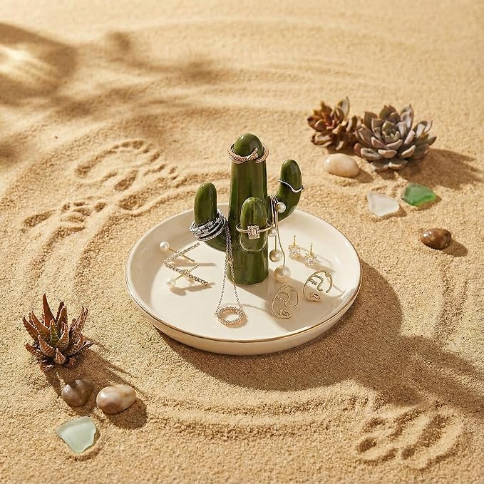 Cactus Jewelry Holder and Ring Dish - Ceramic Succulent Decor for Kitchen Sink or Vanity - Cute Engagement, Birthday, or Motherâs Day Gifts for Women, Gold-Rimmed Trinket Tray