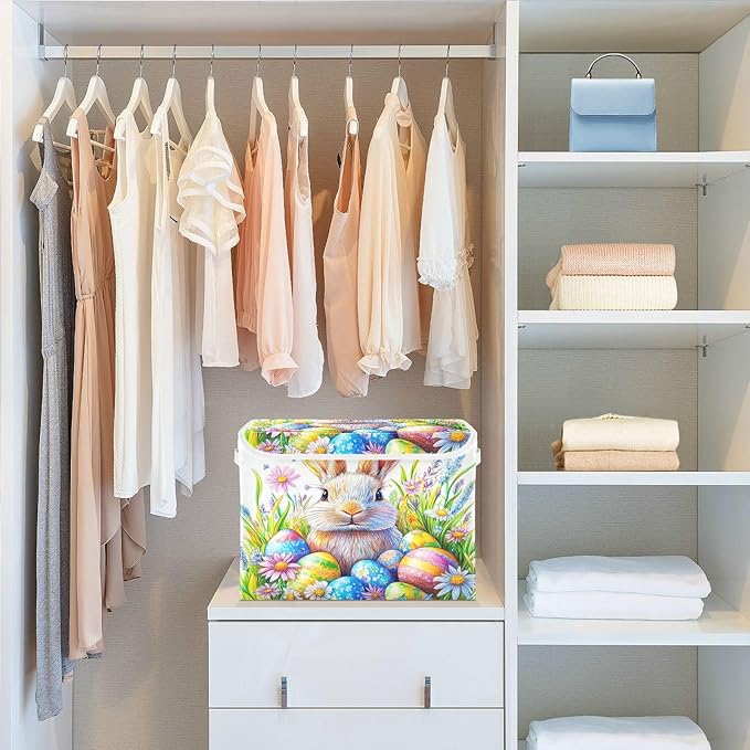 Collapsible Storage Bins with Lids Decorative Fabric Storage Cubes Closet Organizer and Storage Basket Boxes Containers for Clothes Box Chest Nursery Folding Rectangle Colorful Bunny Eggs