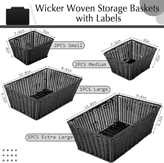 Marsui 6 Pcs Wicker Storage Baskets with Labels Handwoven Multi-size Black Wicker Storage Bins for Organizing Small Baskets Container for Shelves Closet Pantry Toilet