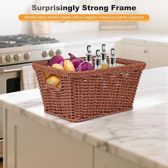 Wicker Basket for Shelves,Waterproof Woven Basket for Pantry,Storage Basket with Built-in Handles,Brown,2-Pack