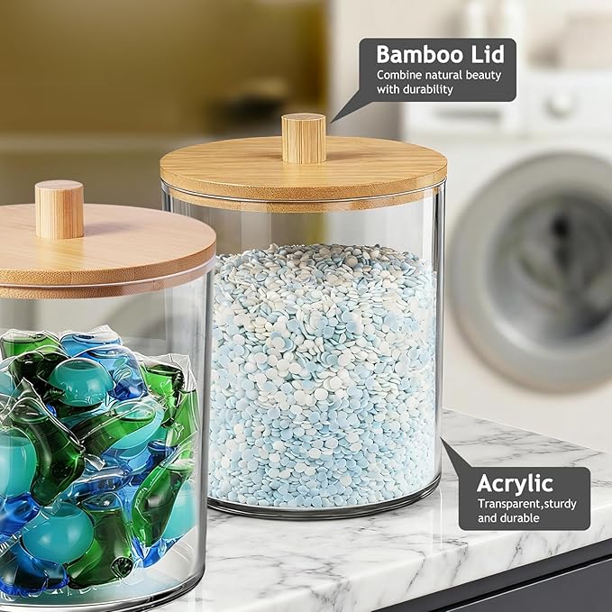 SheeChung 1 Pack 50oz Large Apothecary Jar with Natural Bamboo Lid - Shatterproof Laundry Pods Container for Laundry- Clear Plastic Storage Canister for Scent Beads & Bath Salts with Labels & Spoon