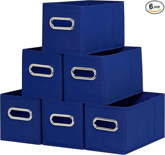 Narrow Storage Baskets for Shelves – Fabric Closet Organizers and Collapsible Storage Bins with Metal Handles – Space-Saving Baskets for Clothes, Towels, 5.9 x 11.8 x 5.9 inch (Royal blue)