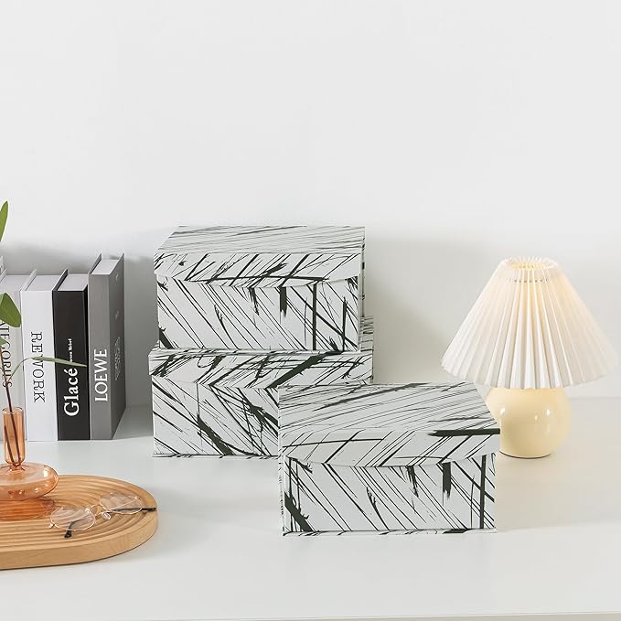 Soul & Lane Decorative Storage Boxes with Magnetic Closure - Set of 3 Modern Memory Keepsake Boxes with Lids, Black and White Cardboard Gift Storage for Organizing and Home Décor, Minimalist Stripe