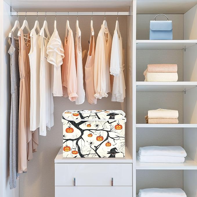 Pumpkin Spider Witch Collapsible Storage Bins with Lids Decorative Fabric Cubes Closet Organizer Basket Boxes Containers for Clothes Box Chest Folding Rec