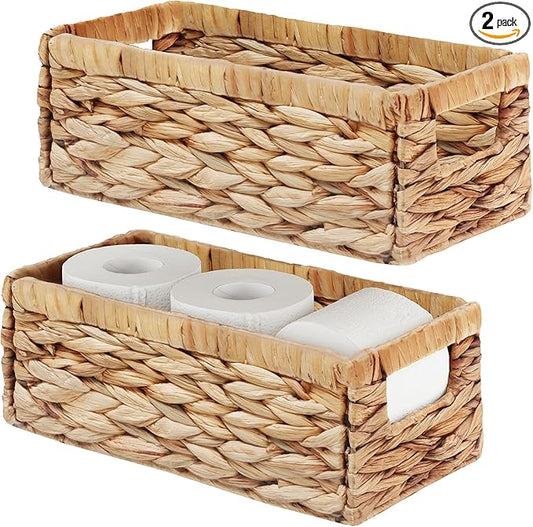 Vagusicc Water Hyacinth Storage Basket Wicker Baskets for Organizing with Handles Decorative Storage Bins for Countertop Toilet Paper Basket for Toilet Tank Top Small Baskets (11.4x6.1x4.6 in, 2 Pack)