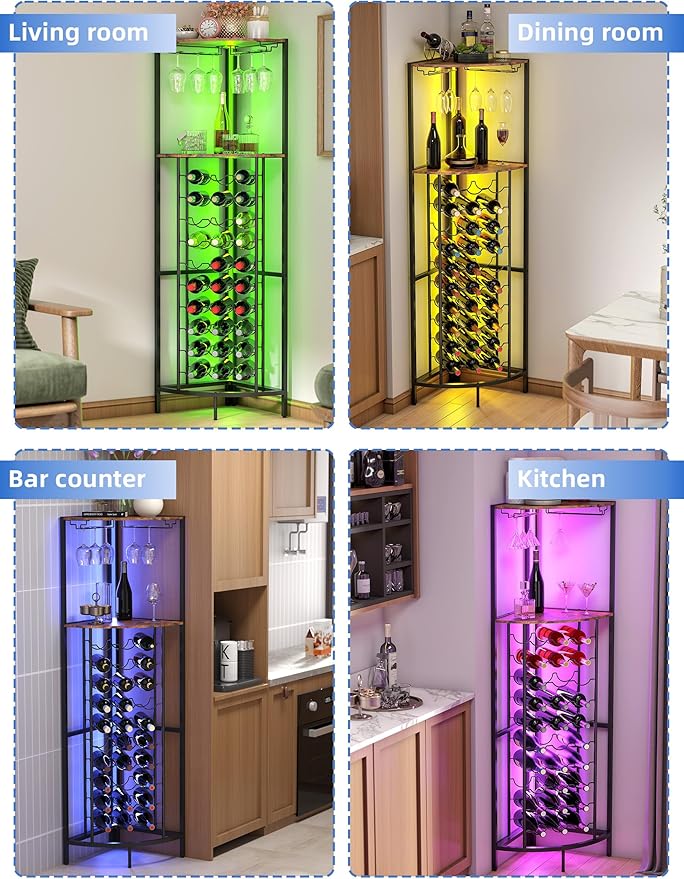 Corner Wine Rack with Led Strip Light Freestanding Floor with Wine Glass Holder 30 Bottle Wine Holder Rack Industrial Corner Liquor Cabinet Bar for Home Bar Kitchen Living Room (Rustic Brown)