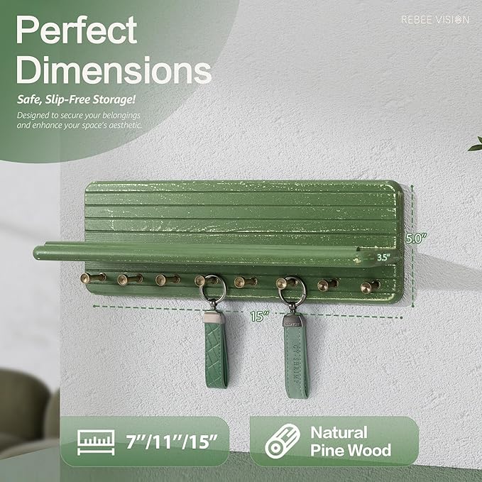 Rebee Vision Pine Wood Key Holder Wall Mount – Modern Farmhouse Key Holder for Wall with Floating Shelf – Rustic Decorative Bag Hooks for Entryway, Bathroom, Kitchen, and Living Room Decor (Green)