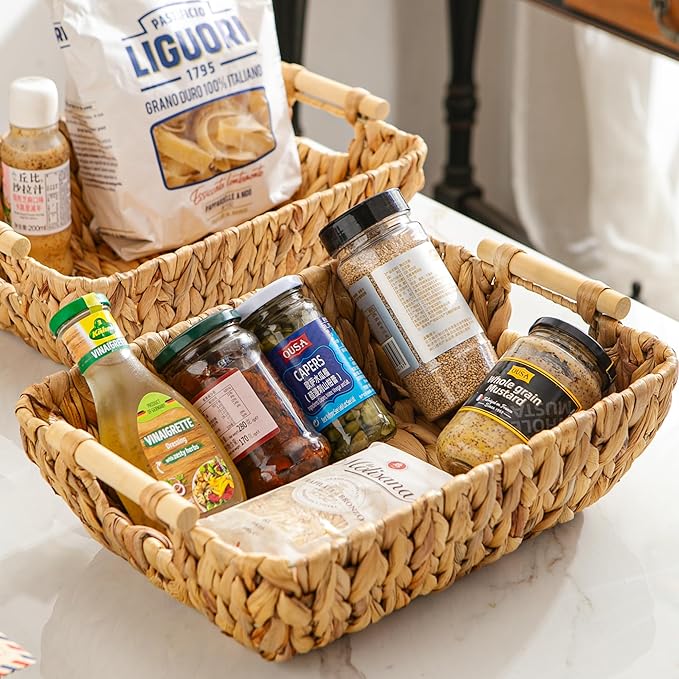 Woven Storage Baskets â Set of 2 Handwoven Water Hyacinth Wicker Baskets with Wooden Handles for Organizing, Decorative Baskets for Laundry Room, Home Decor - 2 Medium