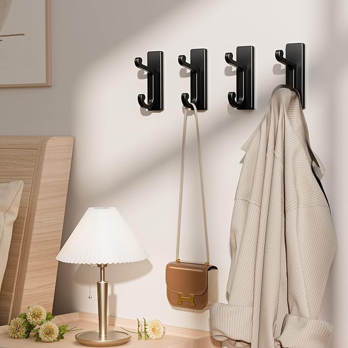 Self Adhesive Wall Hooks Black, Sticky Hangers Wall Mount, Holds 13Lbs for Clothes, Towel, Robes, Keys, Double Hooks for Bathroom, Bedroom and Door, 4 Pack.