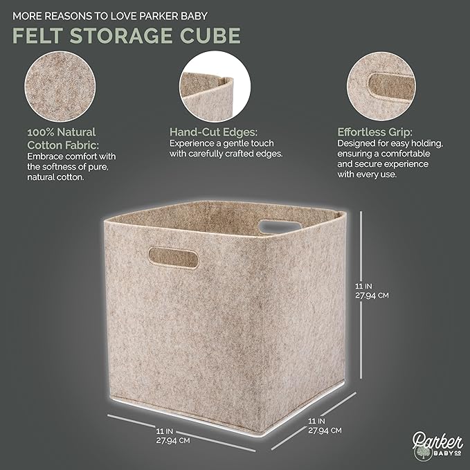 Parker Baby Felt Foldable Storage Cube - 11 Inch Nursery Cubby Bin for Cube Organizer, Closet Organizers and Storage Toy Bin, Rope Baskets Bins for Toyâs Storage - Oatmeal