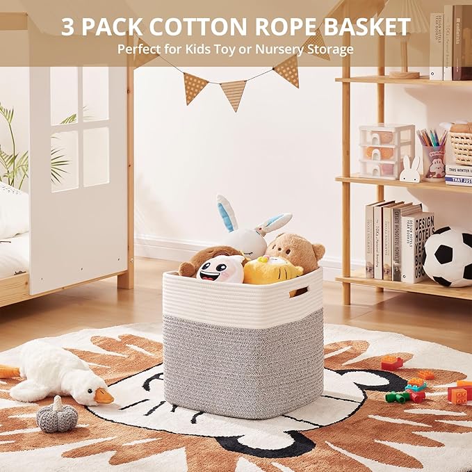 OIAHOMY 13 Kallax Inch Cube Storage Bins, 3-Pack Cotton Rope Woven Baskets for Organizing, Kallax Insert Storage Baskets for Shelves, Baby Nursery, Closet Organizer, 13 * 13 * 12.6IN, Grey & White