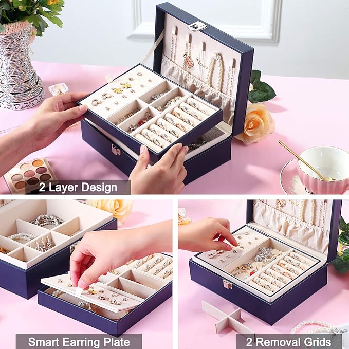 Voova Jewelry Box Organizer for Women Girls, 2 Layer Large Men Jewelry Storage Case,PU Leather Display Jewellery Holder with Removable Tray for Necklace Earrings Rings Braceletsï¼Vintage Giftï¼Navy Blue