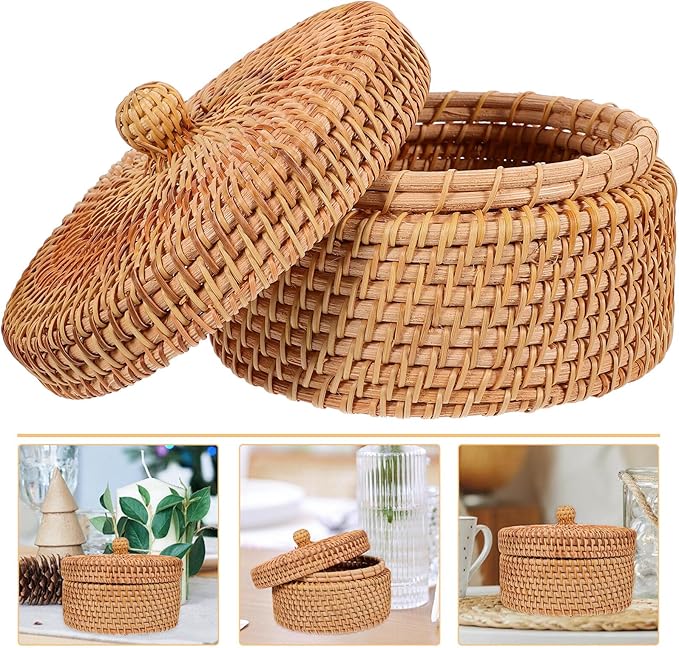 STOBAZA Vintage Rattan Storage Box with Lid Small Woven Basket 5.59X5.51X3.07 Inch for Desktop Organization Kitchen Bathroom Sundries Holder
