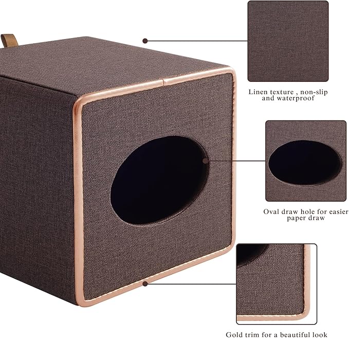 Linen Square Tissue Box Cover,Cube Tissue Box Holderï¼Excellent Rosegold Leather Decoration,Table Napkin Case Dispenser,Facial Tissues Organizer with Magnetic Bottom for Home Office Car(Coffee)