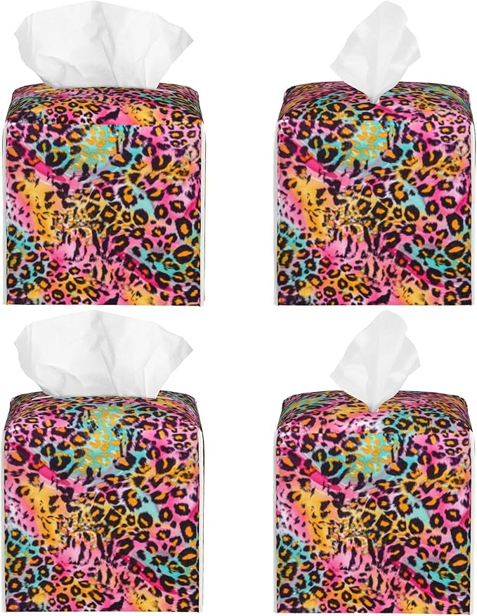 Rainbow Colored Leopard Tissue Box Cover Leather Tissue Box Holder Square Facial Paper Organizer Dispenser for Bathroom Kitchen Bedroom Vanity Countertop Night Stands