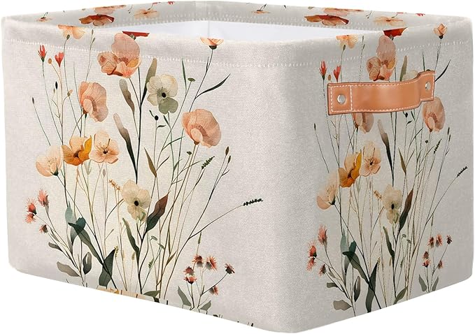 Floral Large Fabric Storage Basket for Shelves Organizing, Rectangular Closet Organizer with Handles, Wildflower Botanical Plant Decorative Foldable Closet Storage Basket
