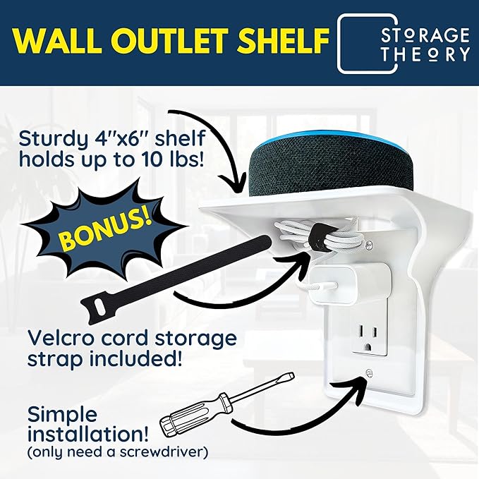 Power Perch Wall Outlet Shelf with Cord Storage Strap - Declutter & Reclaim Bathroom Counter Space - Alexa Stand, Apple Homepod Shelf, Toothbrush Holders Wall Mounted - White, 2-Pack