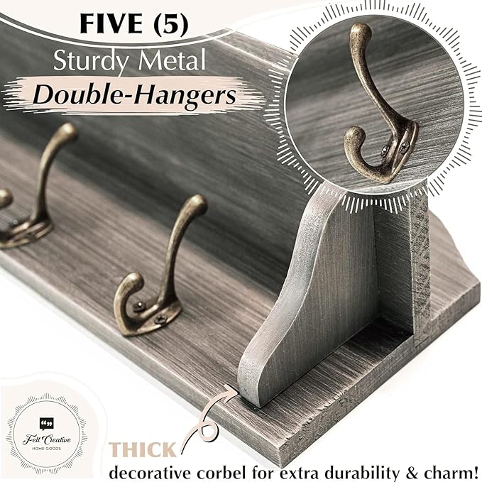 Felt Creative Home Goods Gorgeous 24" Farmhouse Coat Hanger Wall Mount with Shelf and Hooks for Entryway - Wall Mounted Rack for Hanging Coats, Jackets, Purses, Keys (Charcoal Brown-Gray)