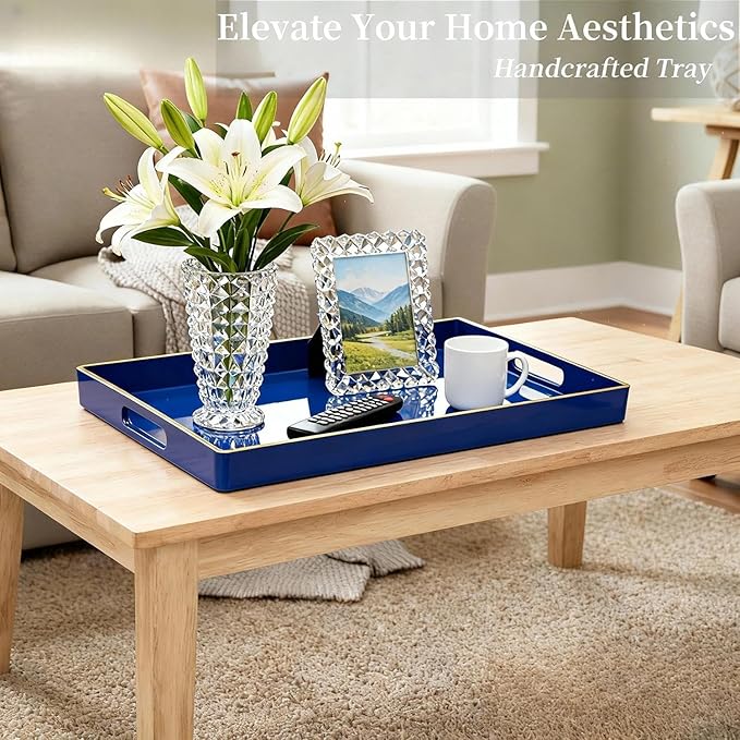 Zosenley Decorative Tray, Rectangular Plastic Tray with Handles, Modern Vanity Tray and Serving Tray for Bathroom, Kitchen, Ottoman and Coffee Table, 15.6â x 10.2â (Drak Blue)