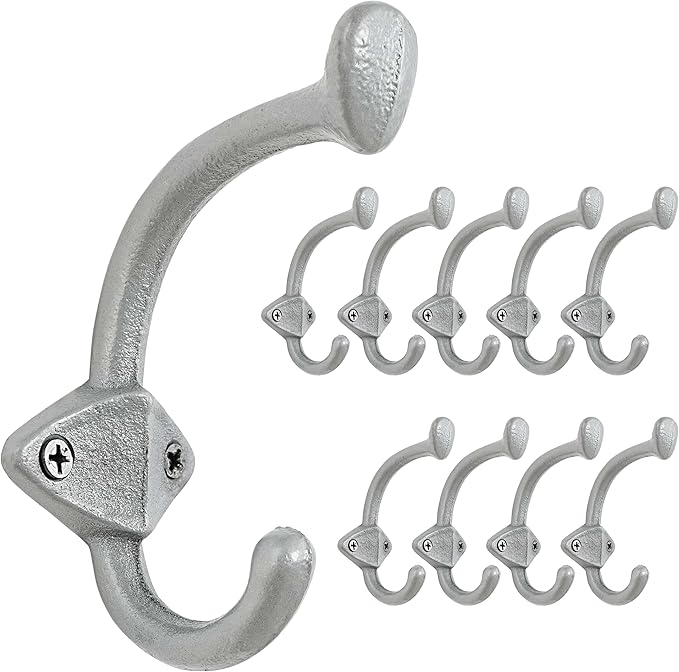 Dseap Cast Iron Wall Hooks L=5”, Heavy Duty Coat Hooks, Rustic Vintage Farmhouse Hook for Hanging Winter Coats Jackets Towels Hats Bags Plants, Silver, Pack of 10 (ShieldBold)
