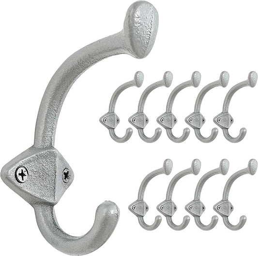 Dseap Cast Iron Wall Hooks L=5”, Heavy Duty Coat Hooks, Rustic Vintage Farmhouse Hook for Hanging Winter Coats Jackets Towels Hats Bags Plants, Silver, Pack of 10 (ShieldBold)