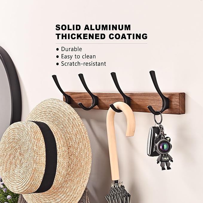 2 Pack 17.3" Small Walnut Wood Coat Rack Wall Mount with 4 Hooks, Heavy Duty Wooden Jacket Hanger Door Mounted for Decorative Entryway and Bathroom Hanging Towel Backpack Purse Clothes Hat Key