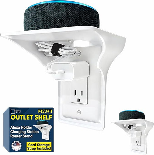 BeraTek Power Perch Wall Outlet Shelf with Cord Storage Strap - Declutter & Reclaim Counter Space - Alexa Holder, Charging Stand, Apple Homepod Mini Wall Mount - White, 2-Pack