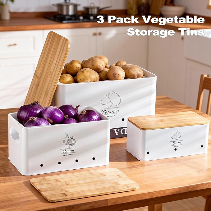 Potato Onion and Garlic Storage Bin Set of 3, White Metal Kitchen Vegetable Canisters with Bamboo Lid and Aerating Holes, Stackable Kitchen Storage Tin for Countertop Pantry