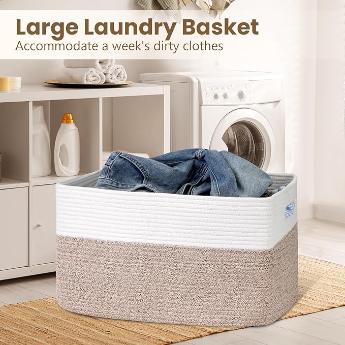 95L Large Blanket Basket, Woven Storage Baskets with Reinforced Handles, Rope Laundry Basket for Living Room, Bedroom, Nursery, Toys, Clothes,Pillows, 24â x 17â x 13.5â, White & Brown