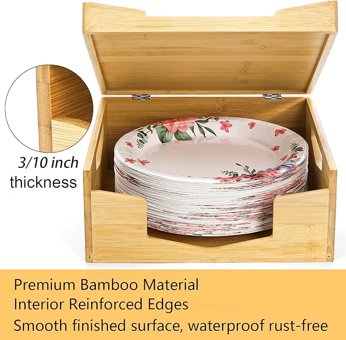Yarlung Bamboo Paper Plate Dispenser Holder for 8-10 inch Plates and Air Fryer Liners, Portable Stackable Disposable Plates Organizer for Kitchen Cabinet and Countertop Storage