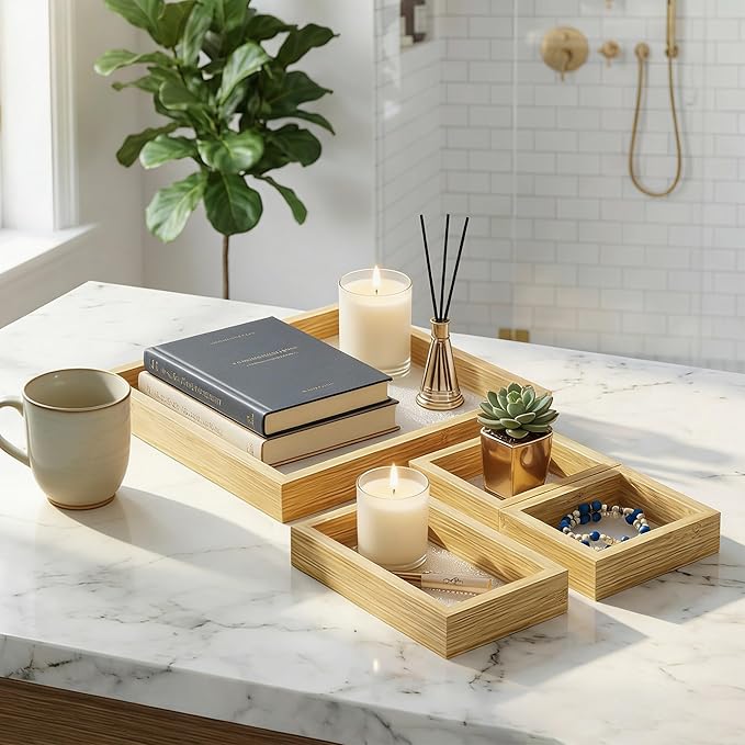 Small Bathroom Countertop Wooden Tray Set of 4 for Vanity and Toilet Tank, Stackable Desk Drawer Organizer, Wood Color